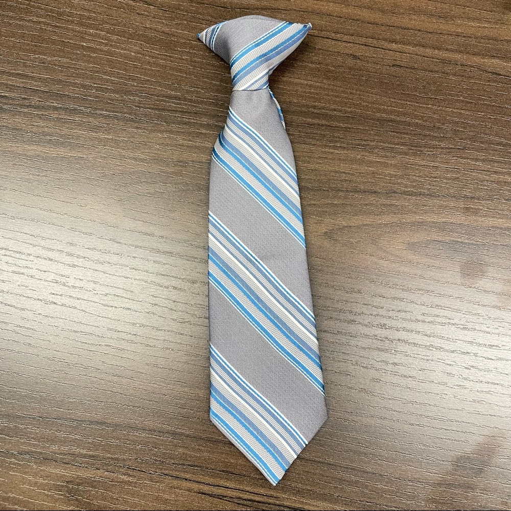 EUC Little Boy Clip on 9” Tie Silvery Grey, Blue & Cream